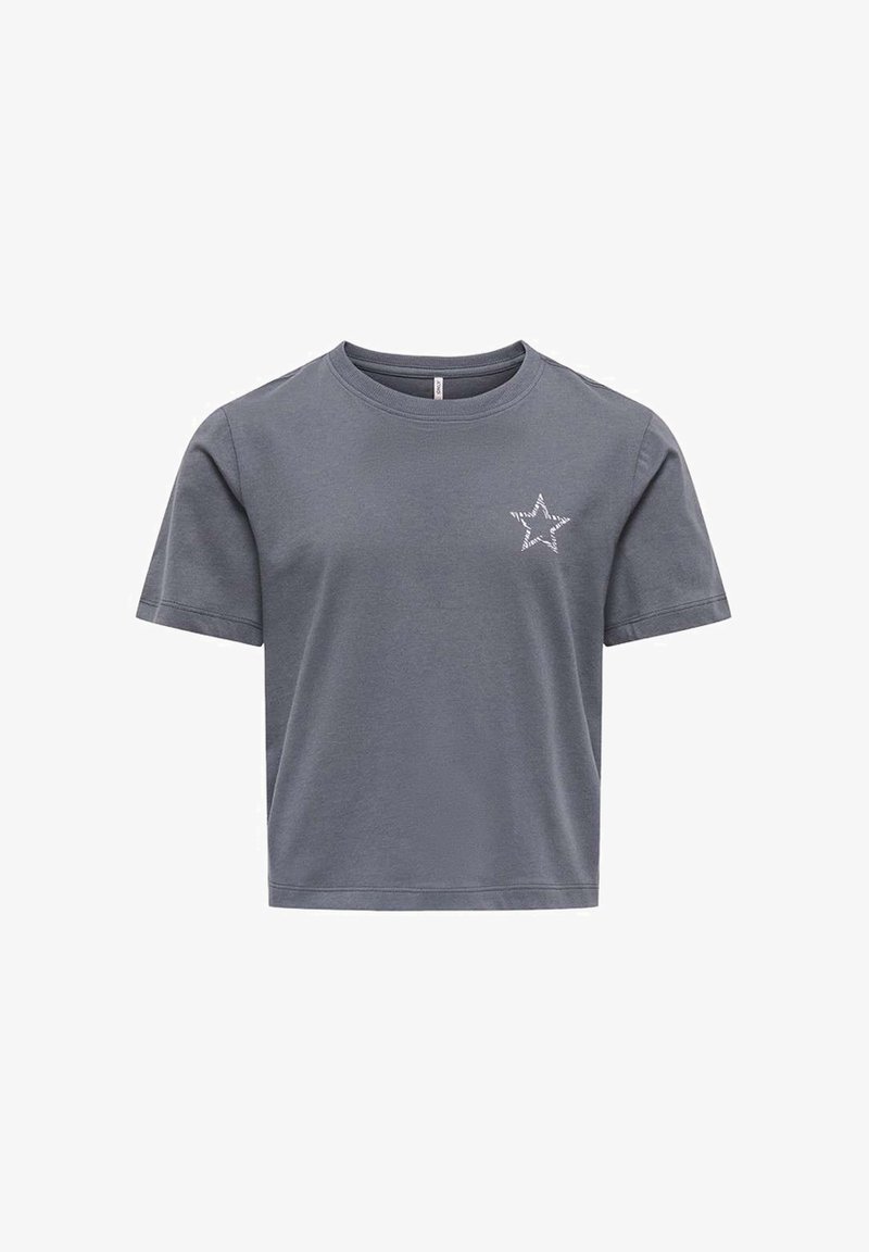 T-shirt en coton gris avec col rond, manches courtes et motif d'étoile rayée blanche sur le côté gauche de la poitrine. Coupe régulière.