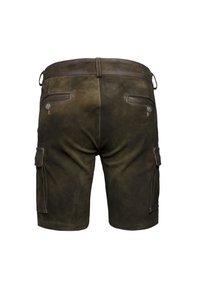Braune Wildledershorts mit einer glatten Textur, ausgestattet mit zwei Gesäßtaschen, einem dezenten Bund und seitlichen Cargo-Taschen für zusätzlichen Nutzen.