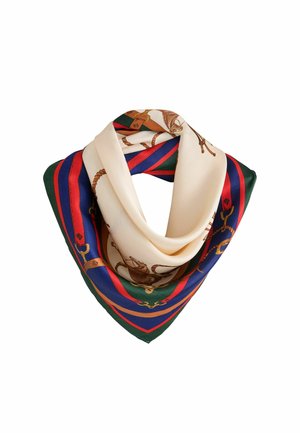 Silk scarf folded in a triangle with cream center and outer stripes in green, red, and blue, featuring brown equestrian-themed illustrations.