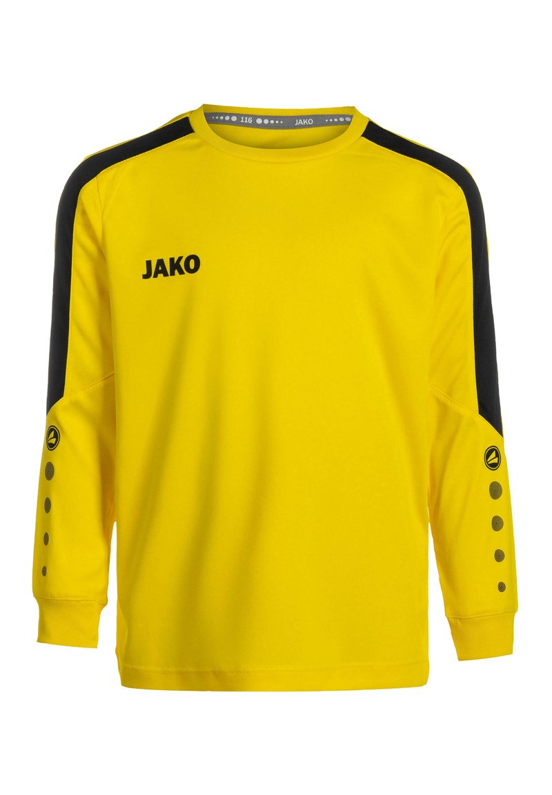 T-shirt de sport à manches longues jaune avec des panneaux d'épaule noirs, comportant un petit logo et des pois décoratifs le long des extrémités des manches.