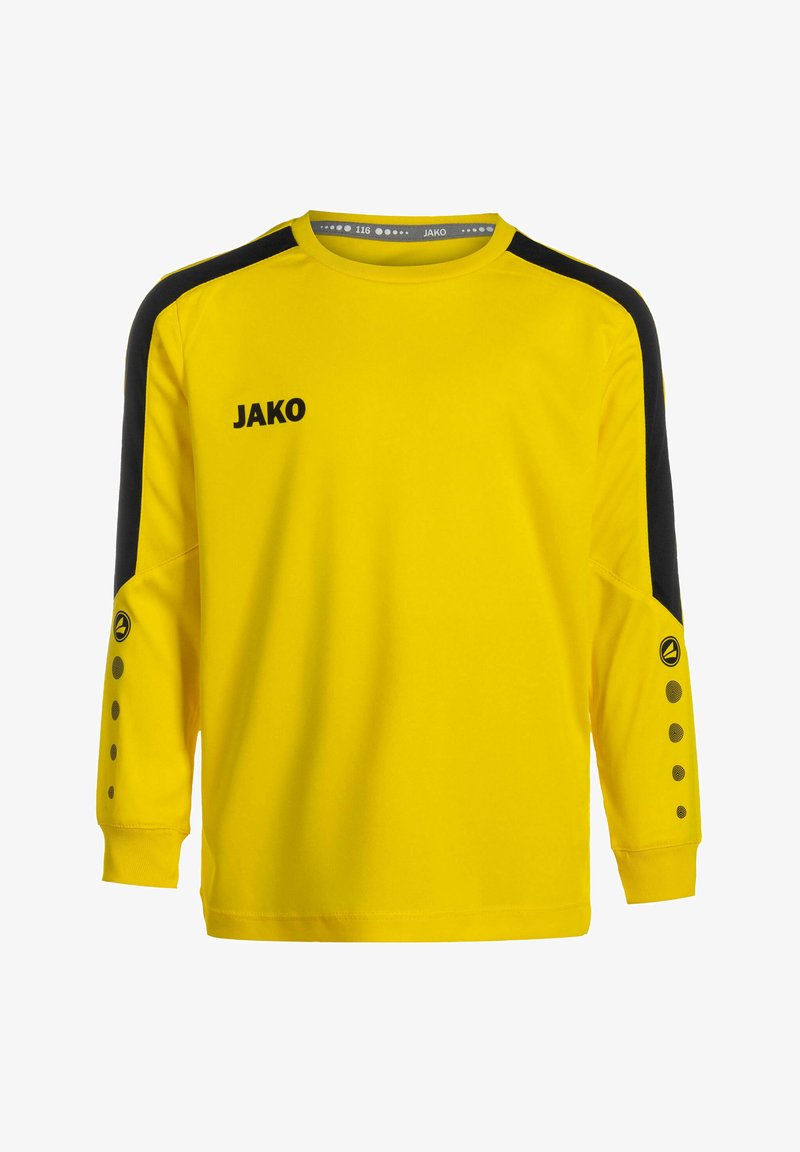 T-shirt de sport à manches longues jaune avec des panneaux d'épaule noirs, comportant un petit logo et des pois décoratifs le long des extrémités des manches.