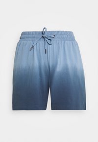 Modré gradientové šortky vyrobené z měkké tkaniny, s elastickým pasem na tkaničku a bočními kapsami. Hladký povrch, ležérní design.