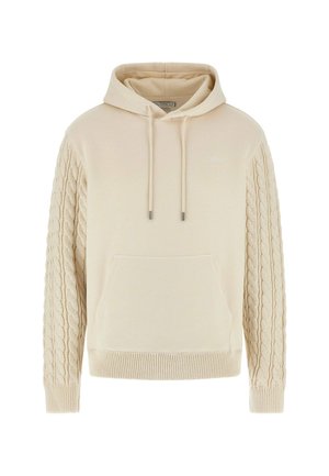 Beige hoodie met een voorzak, capuchon en textuur kabelbrei mouwen. Voorzien van koorden met metalen uiteinden en geribde manchetten.