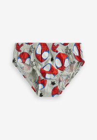 Sous-vêtements pour enfants avec un fond gris orné de têtes de Spider-Man rouges, d'accents blancs et de motifs d'araignées noirs. Taille élastique.
