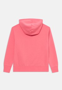 Felpa con cappuccio di colore rosa brillante. Realizzata in tessuto morbido, presenta maniche lunghe, una vestibilità comoda e dettagli di cucitura su polsini e orlo.