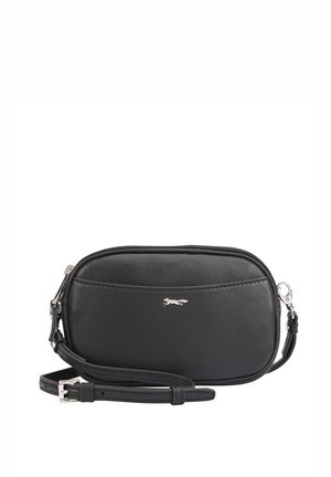 Sac bandoulière en cuir noir avec fermeture éclair argentée, petit emblème animalier argenté, et sangle réglable posé sur fond blanc.