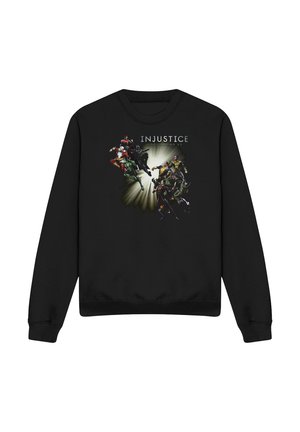 Black sweatshirt with "INJUSTICE Gods Among Us" text and colorful graphic of multiple superheroes and villains in dynamic poses.