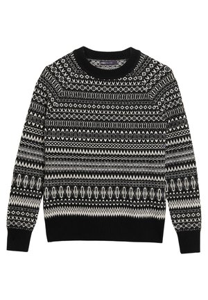 Czarno-biały sweter dzianinowy w geometryczne i diamentowe motywy, z długimi rękawami, okrągłym dekoltem oraz ściągaczami na mankietach i u dołu.