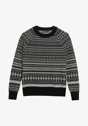Schwarz-weiß gemusterter Strickpullover mit geometrischen und Diamantmotiven, langen Ärmeln, Rundhalsausschnitt sowie gerippten Bündchen und Saum.