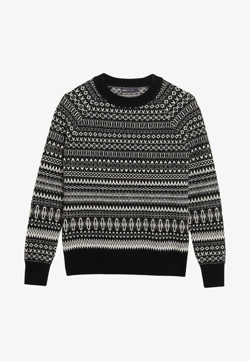 Pull tricoté noir et blanc à motifs géométriques et losanges, manches longues, col rond, poignets et ourlet côtelés.