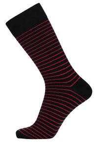 Sort sok med røde vandrette striber, lavet af et glat stof. Har en ribbet manchet og en forstærket tå for ekstra holdbarhed.