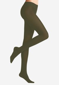 Olivgrüne, gerippte Strumpfhose mit nahtlosem Bund, figurbetontem Design und weicher Textur, die sich vom Fuß bis zur Taille erstreckt.