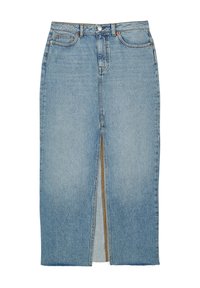 Jupe midi en denim bleu clair avec fente zippée à l'avant, passants de ceinture, fermeture à bouton, et design à cinq poches.