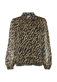 Blouse à manches longues, avec boutons, en tissu noir transparent avec un motif léopard beige. Présente un col classique et des poignets froncés.