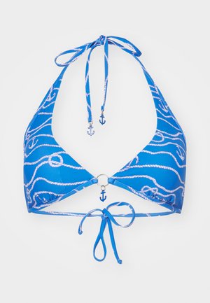 Sininen bikinitoppi, jossa on kaula-aukko solmimisnauhoilla, valkoisella köysi- ja ankkurikuviolla, keskellä ympyrän muotoinen metallirengas, säädettävät takana olevat nauhat.