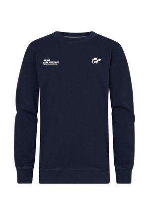 Sweatshirt bleu marine avec des manches longues, col rond, arborant des impressions de logo blanc sur la poitrine gauche et la manche, fabriqué en tissu doux et texturé.