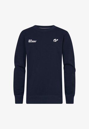Felpa blu navy con maniche lunghe, colletto rotondo, con stampe del logo bianco sul petto sinistro e sulla manica, realizzata in tessuto morbido e strutturato.