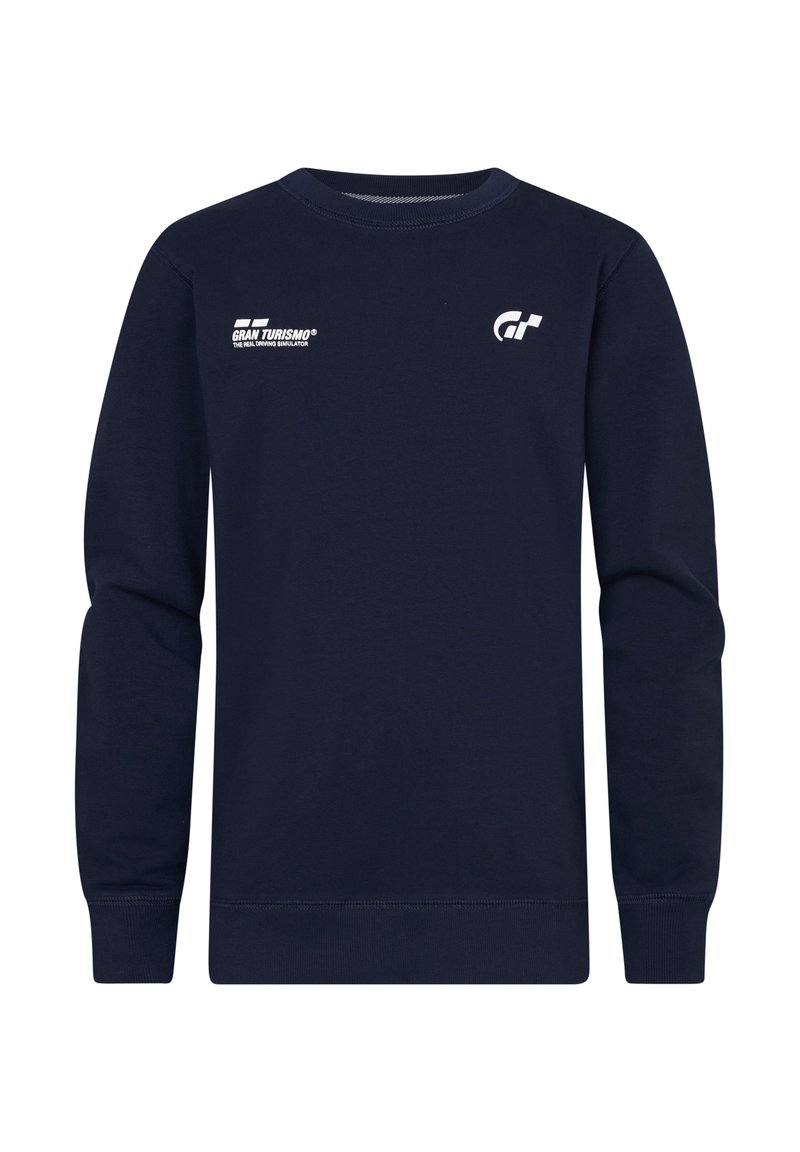 Mörkblå sweatshirt med långa ärmar, rund hals, med vita logotryck på vänster bröst och ärm, tillverkad av mjukt, texturerat tyg.