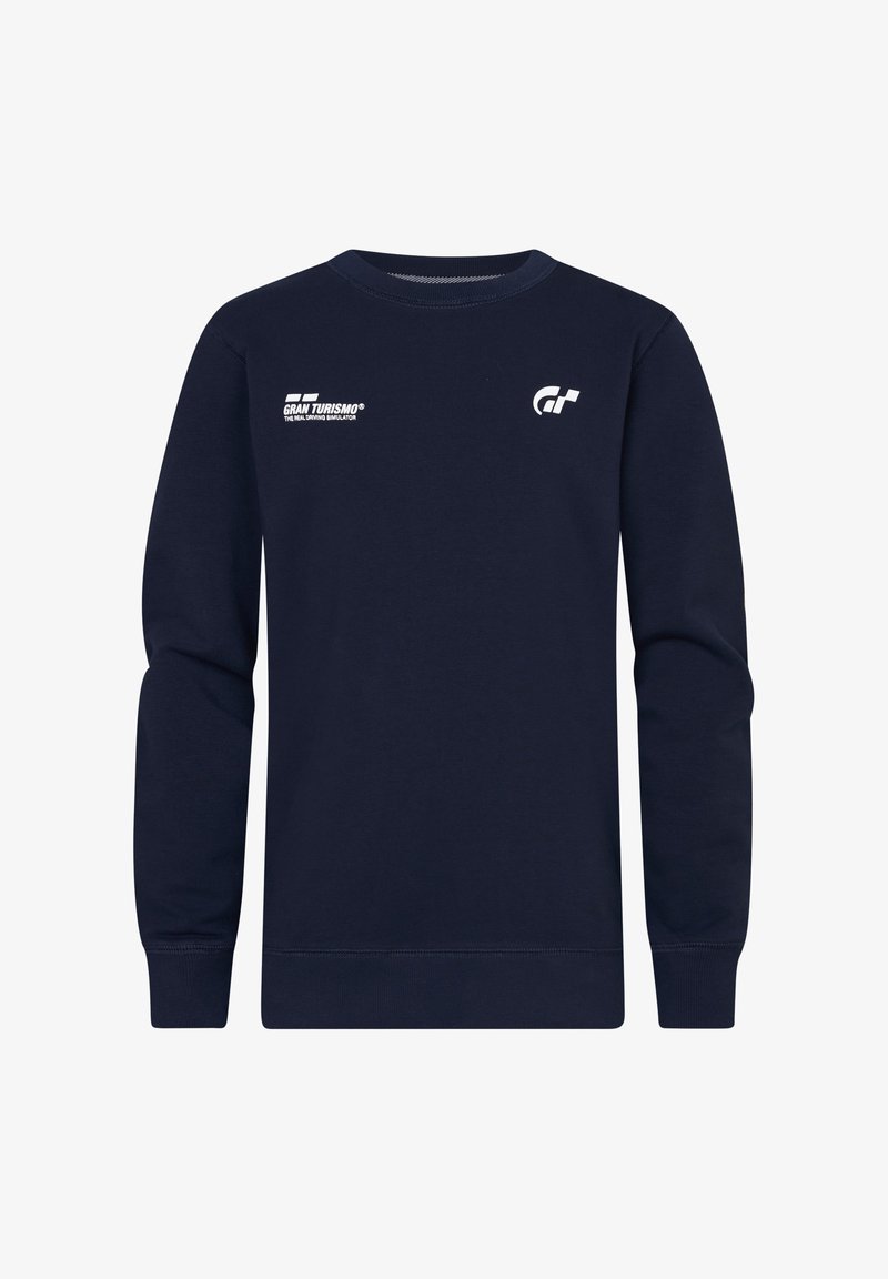 Námořnická modrá mikina s dlouhými rukávy, kulatým výstřihem, s bílými potisky loga na levé hrudi a rukávu, vyrobená z měkké, texturované tkaniny.