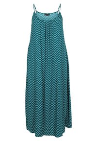 Robe maxi turquoise avec des bretelles fines, présentant un motif en chevrons en blanc. Coupe ample avec un décolleté froncé, fabriquée en matériau léger.