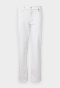 Weiße Denim-Jeans mit geradem Schnitt, fünf Taschen und Knopfverschluss. Verfügt über nähtechnische Details in einer helleren Farbtönung.