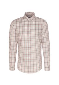 Camicia a maniche lunghe con bottoni in un leggero motivo a scacchi beige e arancio. Realizzata in cotone, presenta un colletto classico e bottoni frontali.