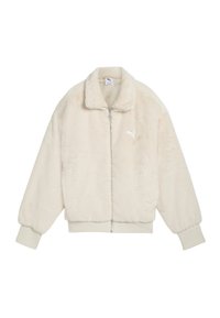 Faux fur jacket in cream, featuring a zip front, stand collar, ribbed cuffs, and a small logo accent on the chest. Soft texture and boxy shape.