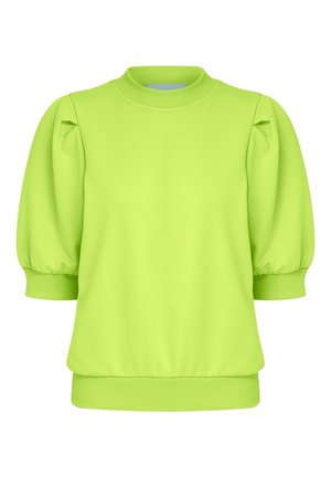 Sweat à manches courtes bouffantes de couleur vert lime vif, avec un col et un ourlet côtelés. Fabriqué en tissu doux et lisse avec une coupe décontractée.