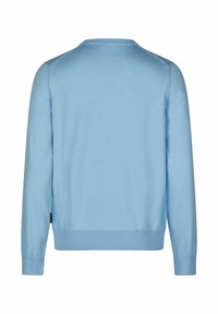 Light blue knitted sweater with long sleeves, round neck, and ribbed hem. Smooth texture, simple design, no visible patterns or hardware.