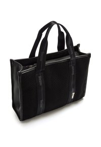 Borsa tote nera con pannelli in rete e solidi, cerniere, manici doppi e dettagli con logo. Presenta una forma rettangolare e una texture liscia.