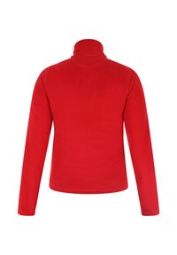Rode fleecetrui met een hoge hals en lange mouwen. Gladde structuur met een effen kleur en minimale ontwerpelementen.