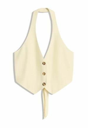 Světle žlutý top ve stylu halter s třemi hnědými knoflíky a zavázaným detailem v pase, se štíhlým a strukturovaným designem.