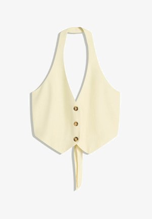 Gilet style halter de couleur jaune clair avec trois boutons marron et un détail noué à la taille, présentant un design ajusté et structuré.