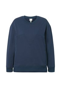 Felpa blu navy realizzata in morbido tessuto, con scollatura rotonda, maniche lunghe e dettagli con cuciture diagonali sulla parte frontale.