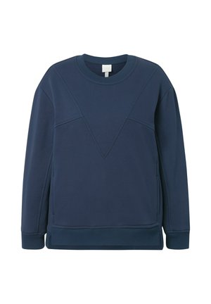 Marineblauwe sweatshirt van zachte stof met een ronde halslijn, lange mouwen en schuine naaddetails aan de voorkant.