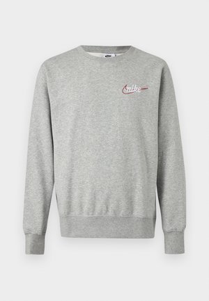 Ανοιχτό γκρι φούτερ με στρογγυλή λαιμόκοψη, μακριά μανίκια και μικρό κόκκινο και λευκό λογότυπο Nike στο αριστερό στήθος.