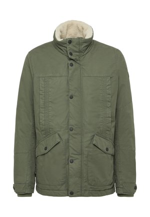 Grüne Winterjacke mit hohem Kragen, Knopf- und Reißverschluss, zwei Fronttaschen mit Klappe und Fleece-Futter im Kragen.