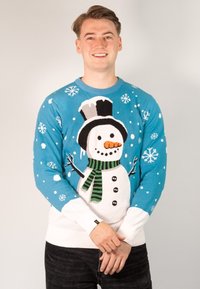 Hellblauer, gestrickter Pullover mit einem Schneemann-Motiv, weißen Bündchen und Schneeflockenmustern. Der Schneemann trägt einen schwarzen Hut und einen grünen Schal.