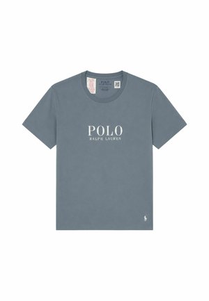 Maglietta grigia a maniche corte con testo bianco "POLO RALPH LAUREN" sul petto e piccolo logo vicino all'orlo inferiore.