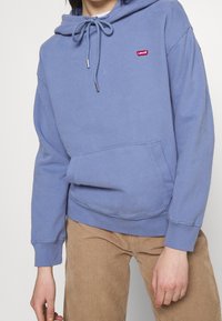 Modrá mikina s kapucí z bavlněné směsi, vybavená kapsou klokanem, nastavitelnou šňůrkou na kapuci a malým červeným logem na hrudi.