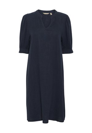 Tumši zilas lina kleita ar apkakli un V-veida dekoltē, īsām pūkainām piedurknēm un brīvu piegriezumu, ar smalku tekstūru un tīrām līnijām.