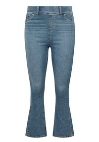 Vaqueros acampanados de denim en azul medio, con cinco bolsillos, una cinturilla de altura media y un ligero efecto de lavado para textura.