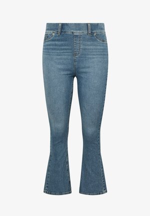 Denim flared jeans in medium blue, featuring five pockets, a mid-rise waistband, and a slight wash effect for texture.