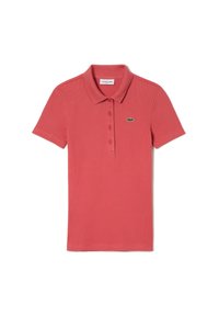 Polo à manches courtes en tissu côtelé corail, doté de trois boutons et d'un logo vert sur le côté gauche de la poitrine. Design de col classique.
