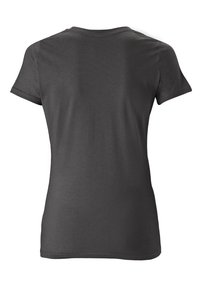 Kortærmet T-shirt med rund hals i mørkegrå bomuld, der har en glat overflade og pæne sømme ved kanten og ærmerne. Bagfra.