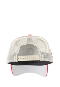 Trucker cap featuring a white mesh back, gray front, red accents, and an adjustable snapback closure.