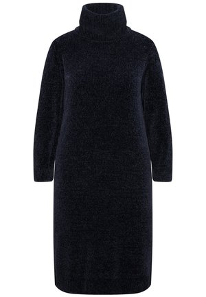 Strik turtleneck kjole i mørk marineblå med lange ærmer, en afslappet pasform og en tekstureret overflade. Minimalistisk design uden synlige mønstre.