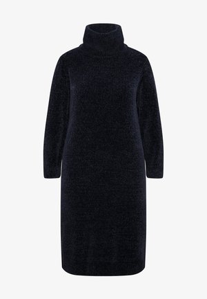 Knit turtleneck dress in dark navy with long sleeves, a relaxed fit, and a textured surface. Minimalist design with no visible patterns.