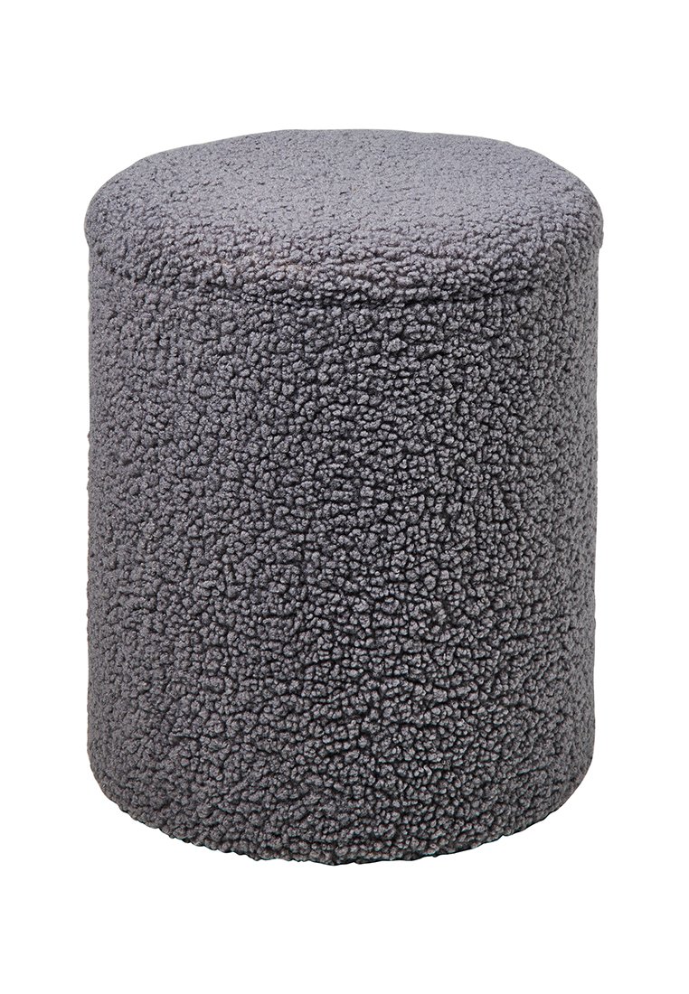Runder grauer Ottomane, gepolstert mit strukturiertem Stoff. Weiche, plüschige Oberfläche mit glattem Top und Seiten, was ein minimalistisches Design schafft.