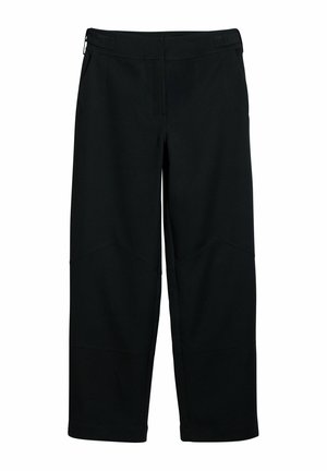 Pantalon noir en tissu lisse, avec une coupe décontractée, des accents cousus et deux poches avant. Conçu avec une taille mi-haute.